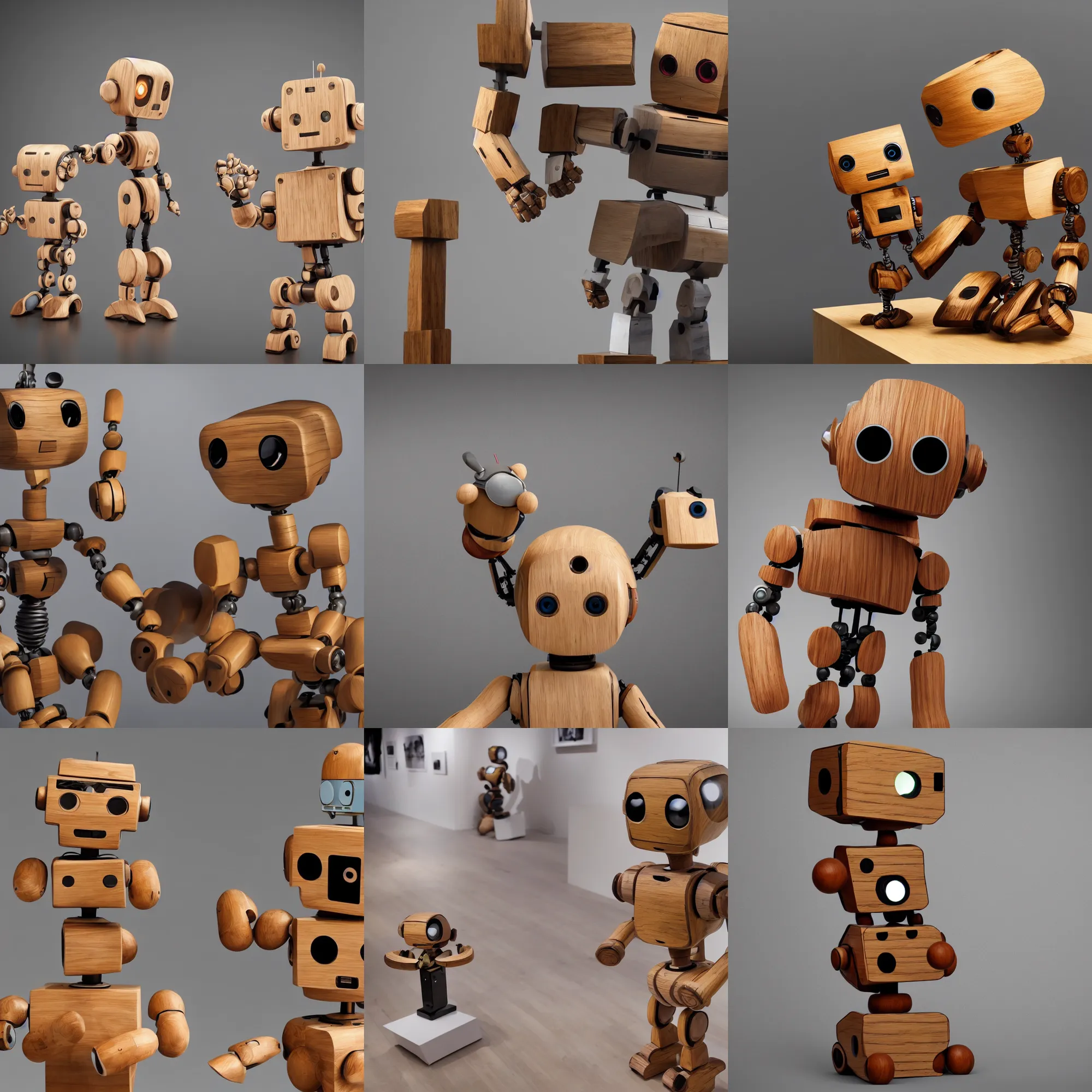 Prompt: 8 k photorealistic, a wooden art toys on a pedestal a cute robot wooden, concept art in a contemporary art gallery
