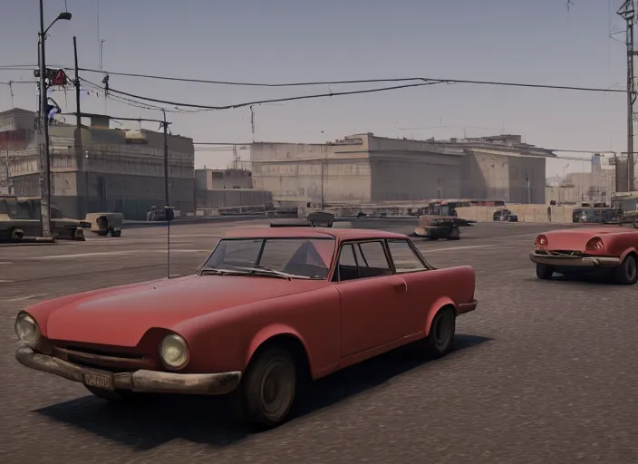 Prompt: hyperrealistic matte painting of gta action game in soviet moscow, 1 9 6 0, playstation 5 screenshot, mega details, golden hour, beautiful rtx reflections, soviet suburbs, photorealistic, unreal engine 5, octane render, volumetric light, featured on cg society, 4 k, 5 0 mm bokeh, russian lada car, artstation