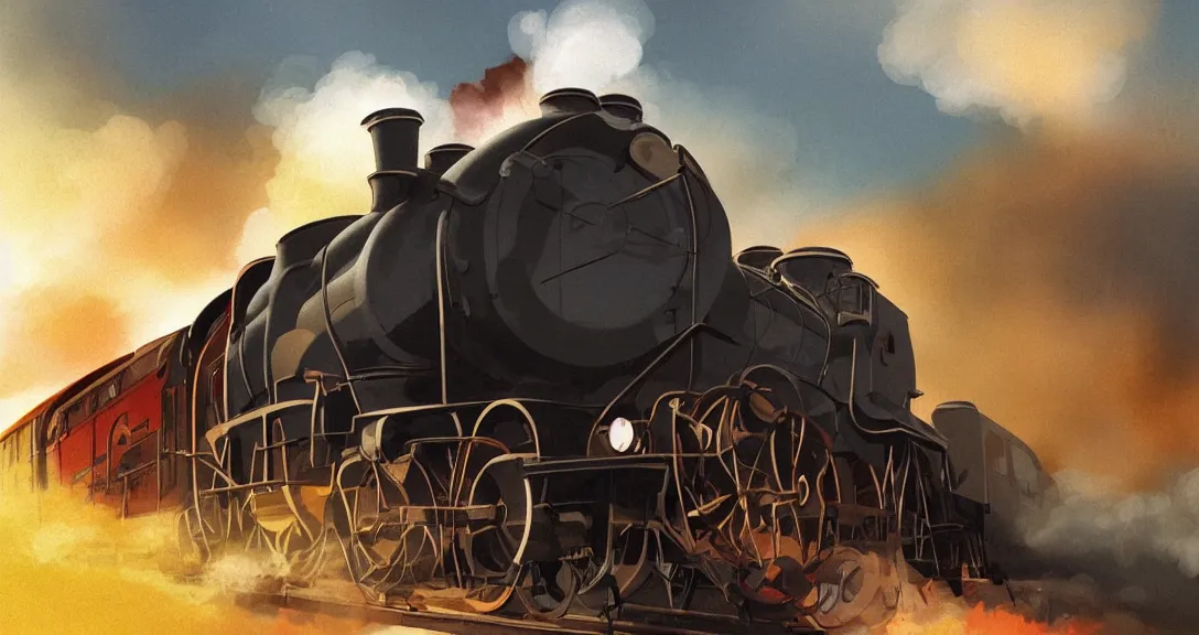 Prompt: side close - up view of a steam train, autumn light, smoke, beautiful, by studio ghibli, by tomono yoshiyuki, digital art, concept art, smooth, sharp focus, illustration