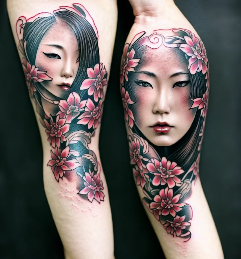 japanese tattoo woman, realistic, full body, rich in