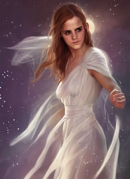 Prompt: emma watson as magic healer celestial, long hair, white and transparent cloth, D&D, shiny background, intricate, elegant, highly detailed, digital painting, artstation, concept art, smooth, sharp focus, illustration, artgerm, bouguereau