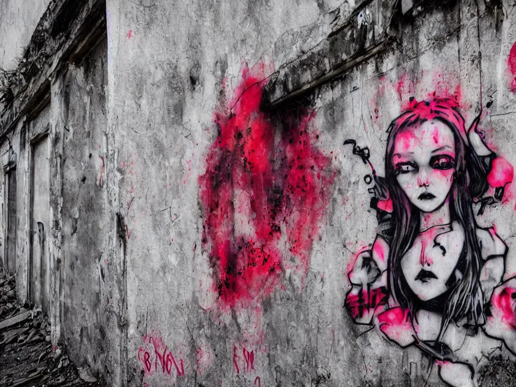 Image similar to graffiti in an abandoned graveyard, cute fumo plush gothic black enigmatic maiden girl painted in spilt red ink and washed watercolor, avant garde pop art, filmic, daylight, captured on canon eos r 6