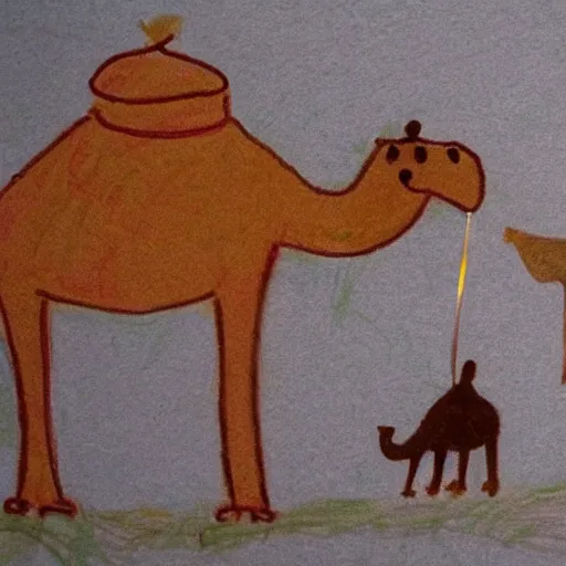 Image similar to Child drawing of camel sipping tea on the desert