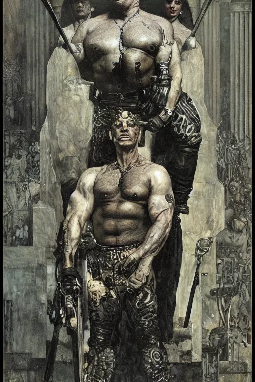 Image similar to full length portrait of morgan aste as an eight foot tall gangster by lawrence alma tadema and zdzislaw beksinski and norman rockwell and jack kirby and tom lovell and greg staples