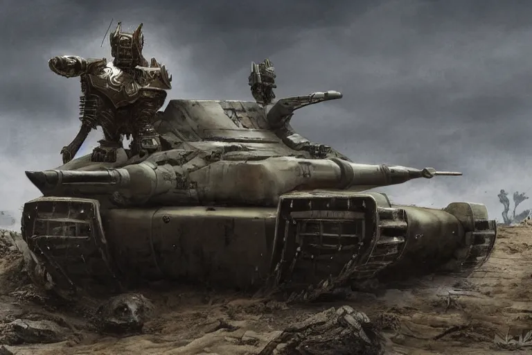 Image similar to robot Viking on a tank by Neil blomkamp