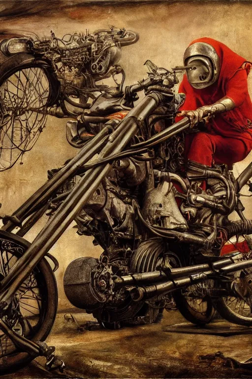 Image similar to full color hd photo of a motorcycle, octane render 4 k, by hieronymus bosch, joel peter witkin, annie liebovitz. gustave dore, hr giger, zdzisław beksinski, epic, artstation, cgisociety, weta, disney