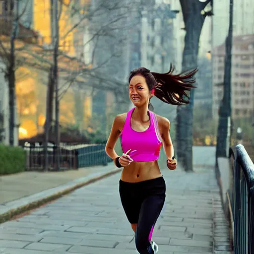 Prompt: girl running jogging outside in the city with headphones on by liang Xing