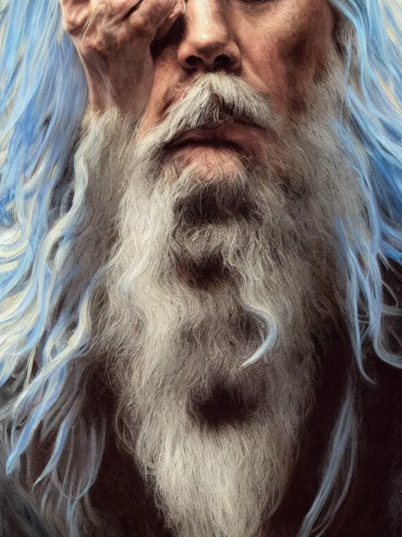 Prompt: painted portrait of rugged odin, god of death, norse god, white hair, masculine, mature, handsome, upper body, blue and silver, muscular, hairy torso, fantasy, intricate, muscular, elegant, highly detailed, digital painting, artstation, concept art, smooth, sharp focus, illustration, art by gaston bussiere and alphonse mucha