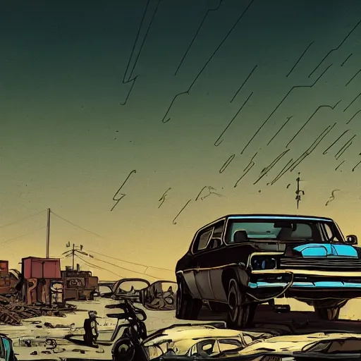 Prompt: a colorful comic noir illustration of a mad max scene in a post-apocalyptic city decaying in the desert by Queens of the Stone Age, dark vibes, pastel lighting, cinematic, depth of field, 8k, high contrast