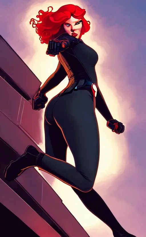 Image similar to rafeal albuquerque comic art, joshua middleton comic art, artgerm, cinematics lighting, night time, pretty scarlett johansson black widow, big smirk, symmetrical face, symmetrical eyes, long red hair, full symmetrical body, flying in the air, jumping off rooftop