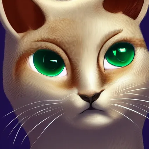 Image similar to a cute mix between a rabbit and a cat, beige, big green eyes, cute, concept art style