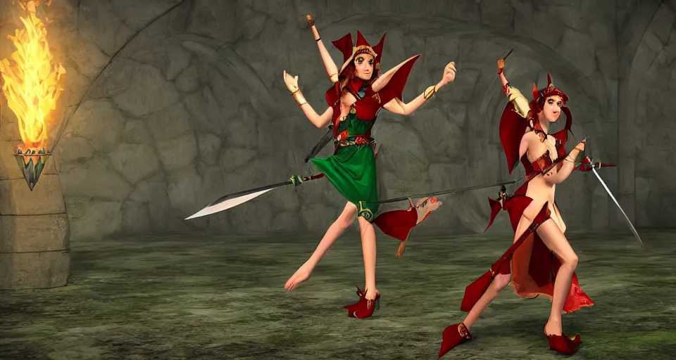 Image similar to a dungeons & dragons fantasy elf performing a sword-dance in a flowing combat dress, digital art, action shot