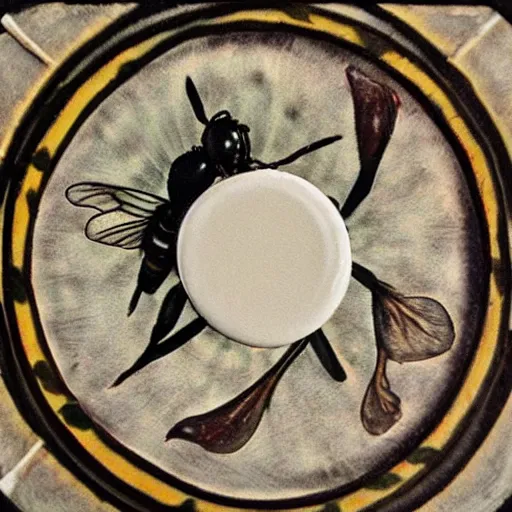 Image similar to a dark ritual spell with a dead bumblebee at the middle of a bullseye of salt, art nouveau