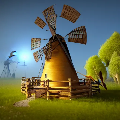 Image similar to tiny wooden windmill, floating, rbc, radiolaria, protophyta, micro - organisms, center frame, symmetric, rim light, marine microbiology, bioluminescence, electric, soft, concept art, intricate details, highly detailed, colorful, photorealistic, disney pixar, octane render, iridescent, anime, 8 k