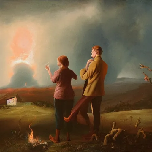 Prompt: a young couple watching the unfolding apocalypse, romantic