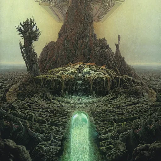 Prompt: the throne of earth and manifestation | highly detailed matte painting, hyperrealistic, very intrincate | cinematic lighting, award - winning | by rachel ruysch, giger, beksinski and bocklin | by austin osman spare and william blake, trending on artstation, cgsociety, official art, octane.