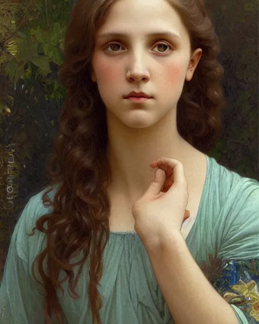 Prompt: an art nouveau painting of a girl resembling alicia vikander or millie bobby brown in an oversize t - shirt, highly detailed, intricate, artstation, by donato giancola and william adolphe bouguereau