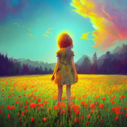 Image similar to girl with a flower face, surreal photography, dream, standing in flower field, in a valley, sunrise dramatic light, impressionist painting, colorful clouds, artstation, simon stalenhag