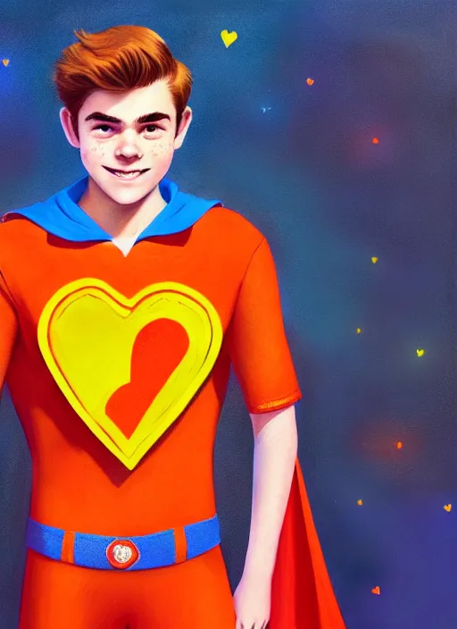 Image similar to friendly teenage archie andrews wearing an orange superhero costume with heart logo, heart, freckles, blue cape, heart emblem on chest, blue cape, intricate, elegant, glowing lights, highly detailed, digital painting, artstation, sharp focus, illustration, art by wlop, mars ravelo and greg rutkowski