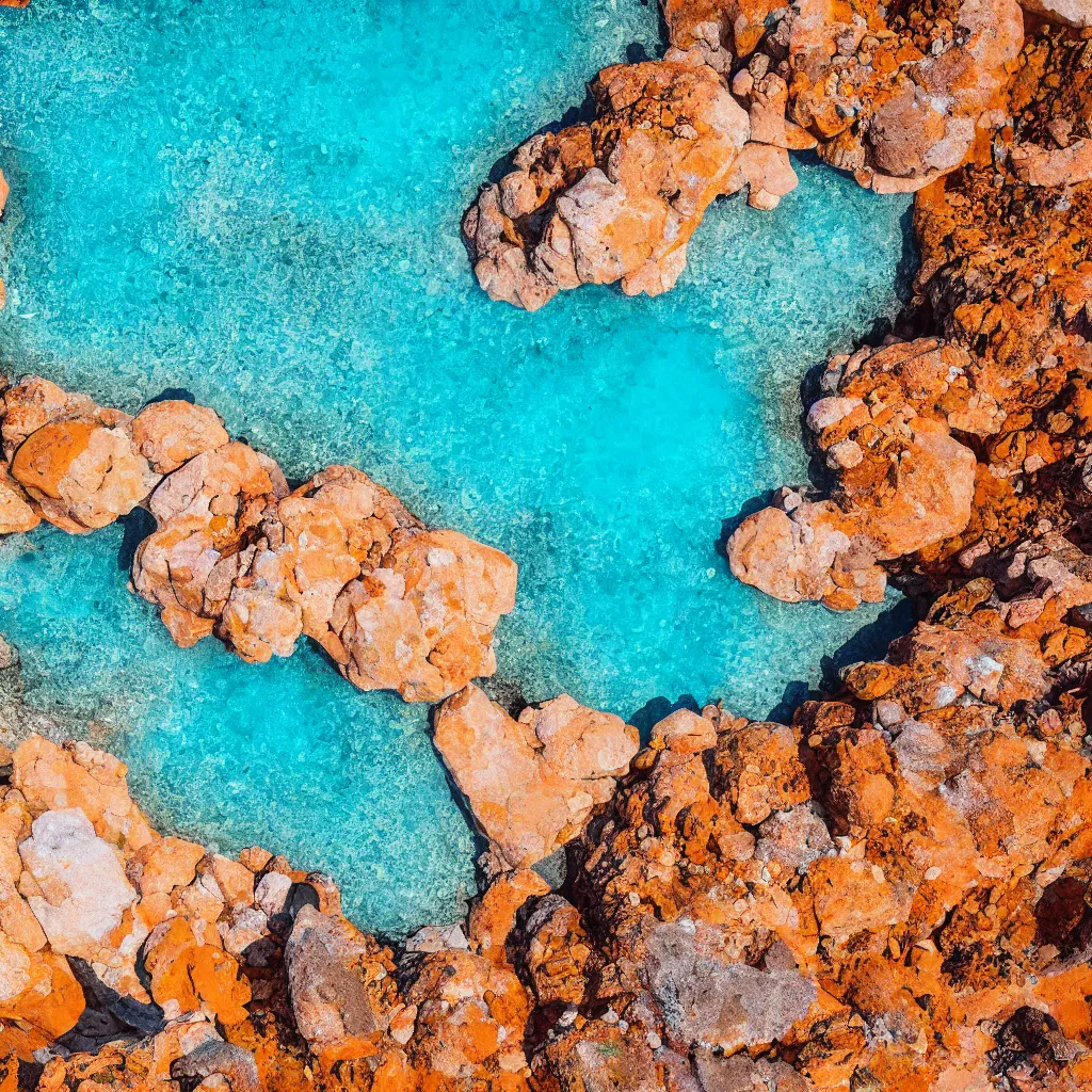 Image similar to bismuth boulders, orange sand desert with pools of bright milky blue water, birds eye view, dreamy