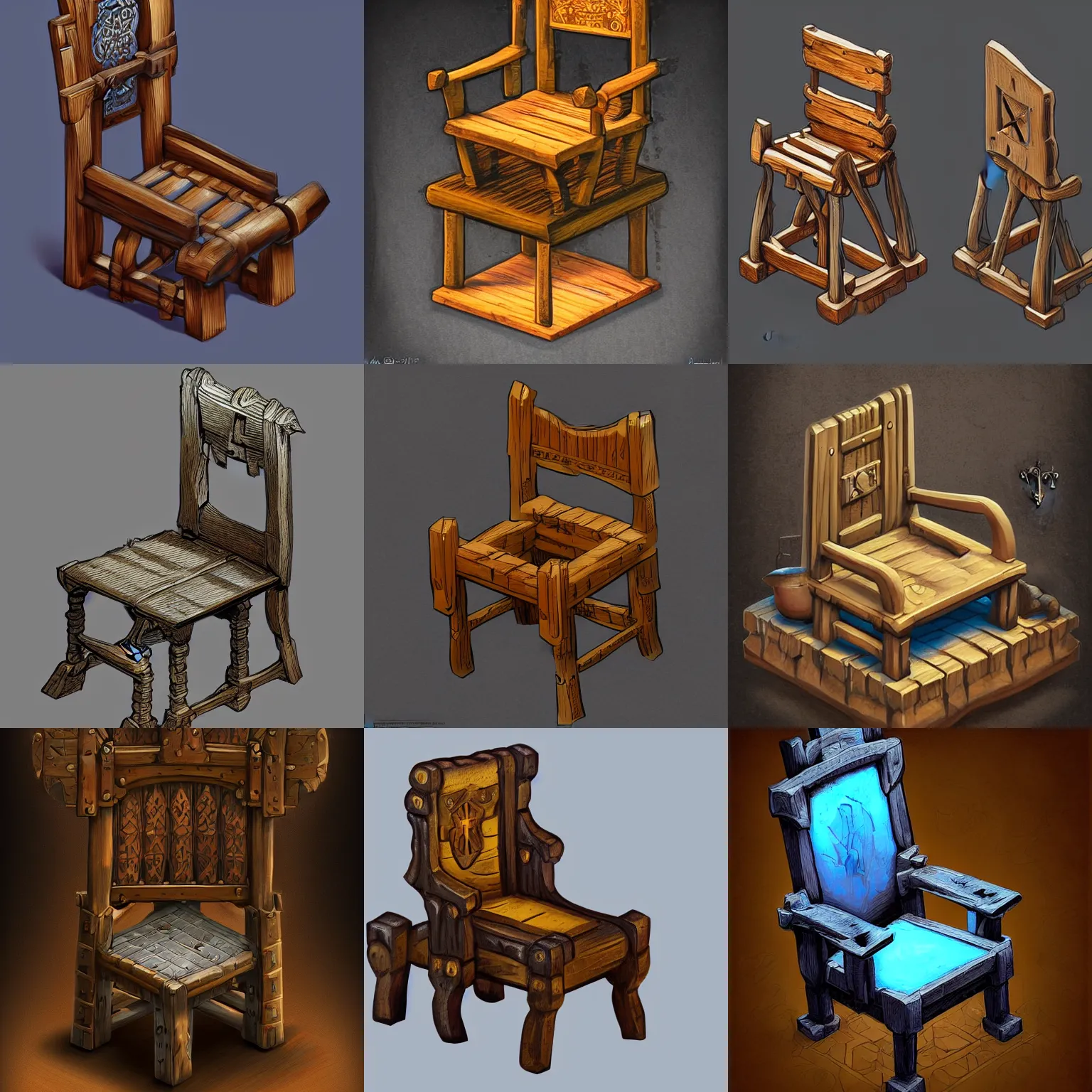 Prompt: a digital painting of an isometric medieval wooden fantasy chair on a plain black background by justin gerard, paul bonner, 2 d game art, isometric, highly detailed, pale blue backlight, digital art, artstation hd