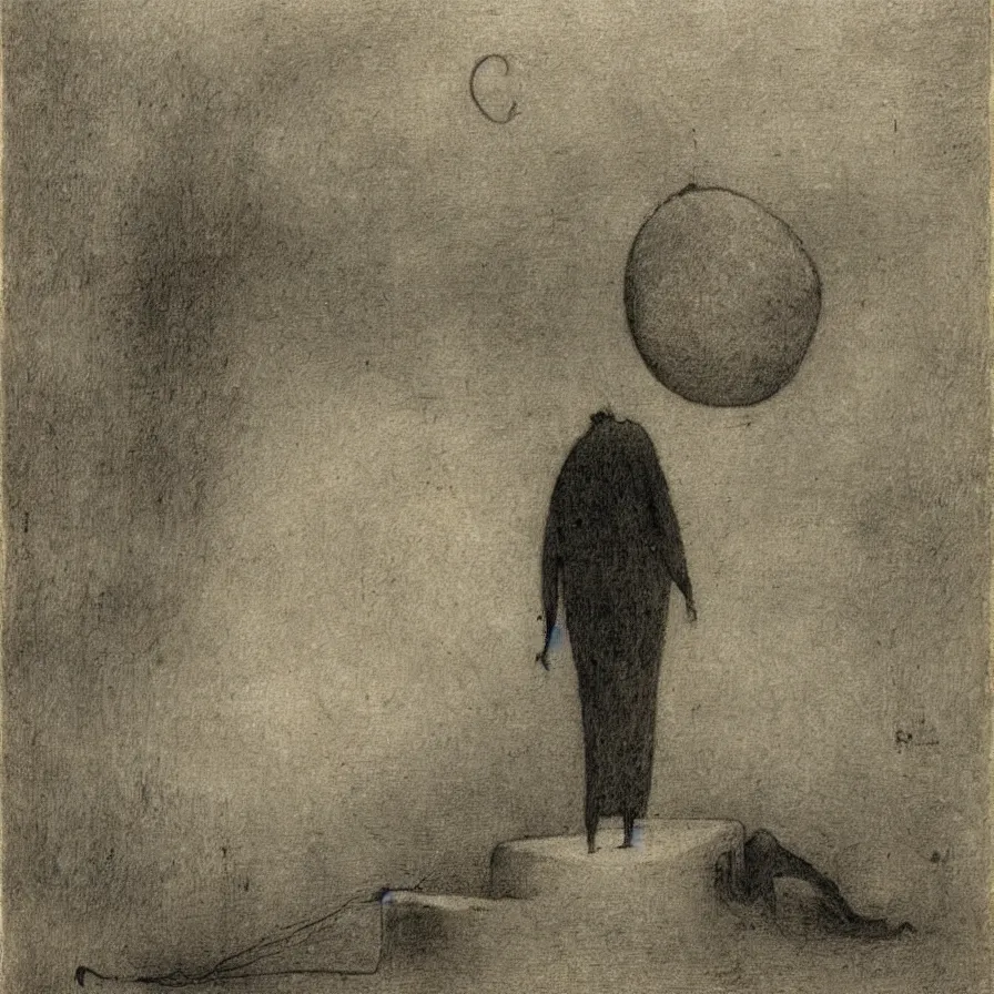 Prompt: artwork about a sad sphere - headed character, by alfred kubin. atmospheric ambiance. depth of field and tridimensional perspective. foggy.