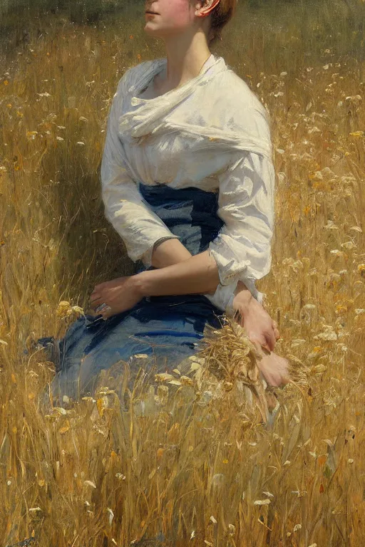 Image similar to Solomon Joseph Solomon and Richard Schmid and Jeremy Lipking painting full length portrait painting of a young woman in the hayfield