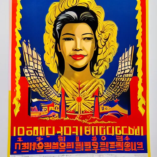 Prompt: portrait of a Colombian gold goddess, North Korean propaganda poster and Soviet propaganda poster and American propaganda poster