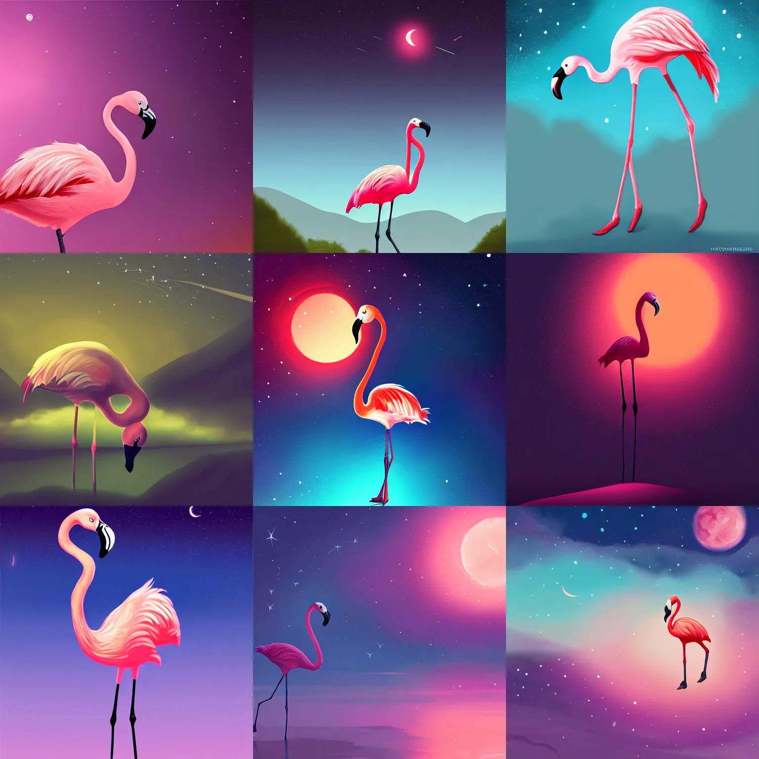 Prompt: A flamingo under the night sky, soothing, calm, digital painting, artstationHQ, 4k, high-quality