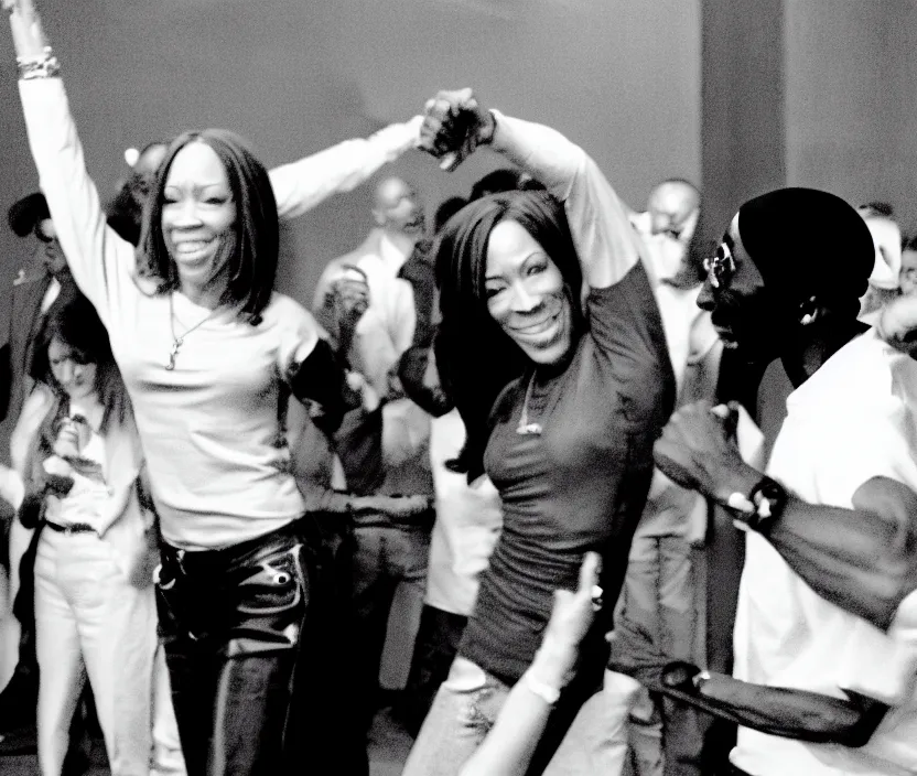 Prompt: Jen Psaki and Tupac Shakur dancing on LEAN, Photograph by Mel D. Cole