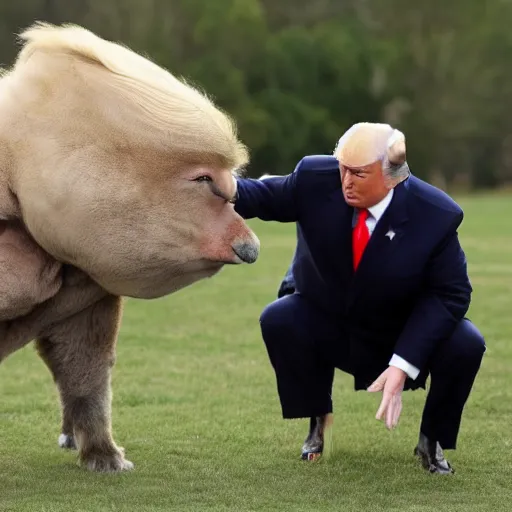 Image similar to donald trump and vladimir putin at animal farm petting animals