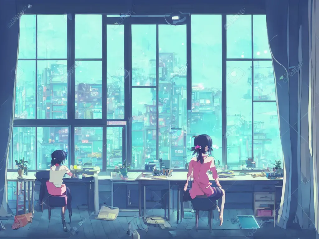 Prompt: beautiful illustration of a lonely female in her studio apartment sitting at her computer desk which is in front of a window which looks out to a futuristic city at night, japan, anime manga style, neon pastel, in the style of ghibli and hayao miyazaki and satoshi kon and shinichiro watanabe and makoto shinkai