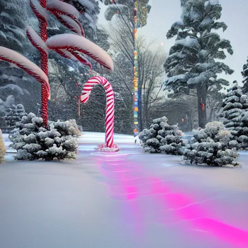 Image similar to a huge colorful candy cane topped with a little pure white snow. the candy is buried in the ground on the side of a serene foot path. there are snow flurries swirling in the air epic, awe inspiring, dramatic lighting, cinematic, extremely high detail, photorealistic, cinematic lighting, trending on artstation cgsociety rendered in unreal engine, 4 k, hq,