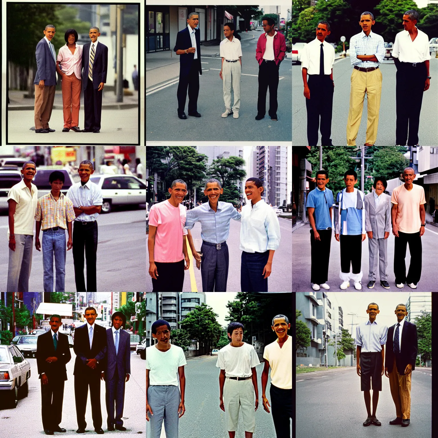 Prompt: A long-shot , color outdoor photograph portrait of three Obama standing on the street, summer, day lighting, 1990 photo from Japanese photograph Magazine.