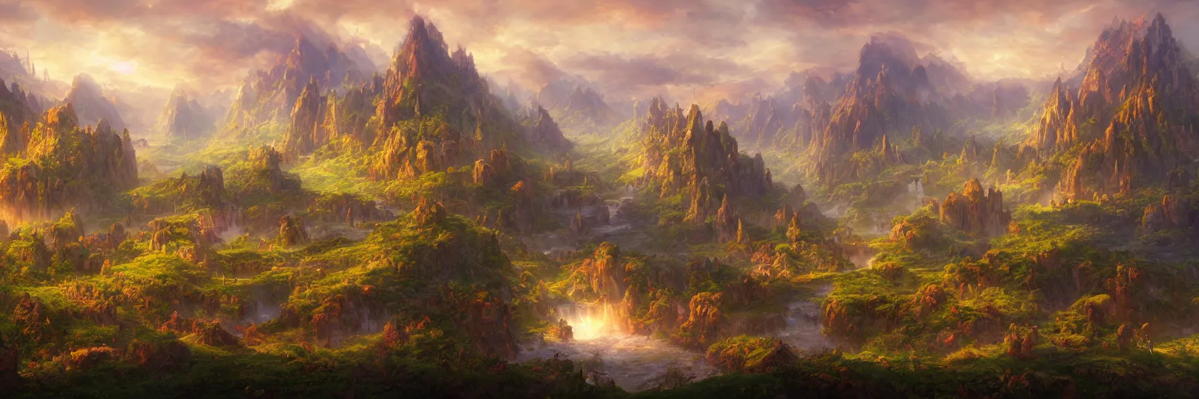 Image similar to a beautiful fantasy landscape painting of a naya panorama. magic the gathering land art by john avon and marc simonetti and Mark Keathley, trending on artstation hq 8k