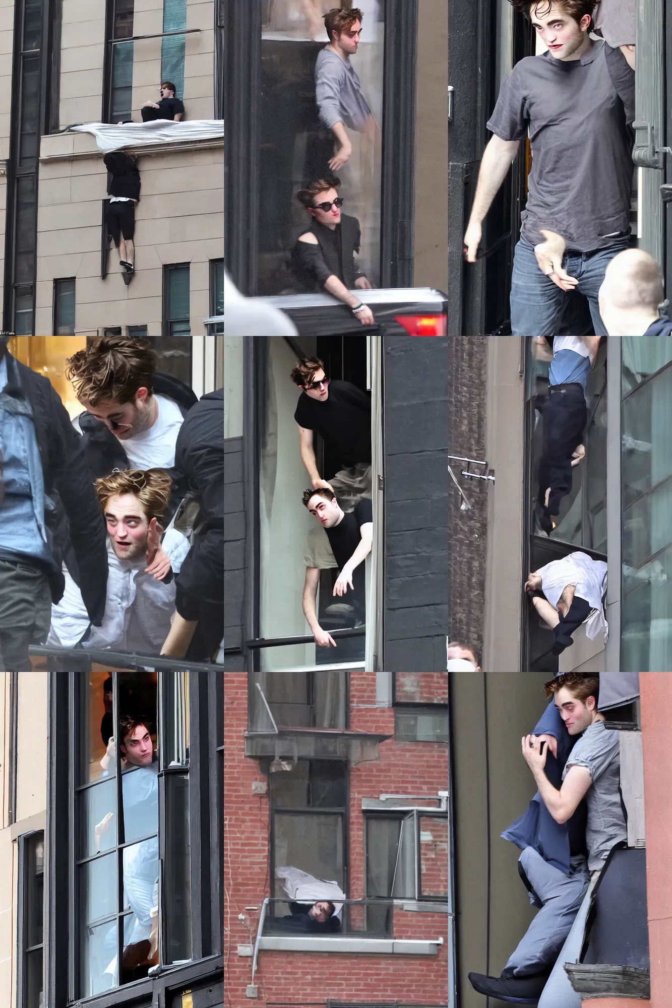 Prompt: robert pattinson's unconscious body flying into apartment window in new york city, photography