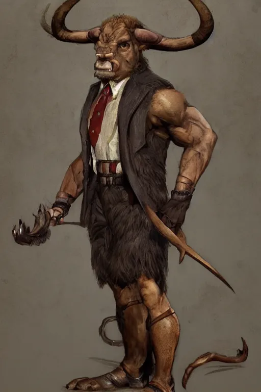 Image similar to full length portrait of a minotaur wearing a suit by greg rutkowski and rick berry and norman rockwell and everett raymond kinstler and greg staples and nc wyeth, artstation creature