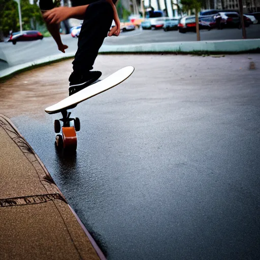 Prompt: teenager kick-flipping a skateboard over a puddle, XF IQ4, 150MP, 50mm, f/1.4, ISO 200, 1/160s, natural light, Adobe Photoshop, Adobe Lightroom, DxO Photolab, Corel PaintShop Pro, rule of thirds, symmetrical balance, depth layering, polarizing filter, Sense of Depth, AI enhanced