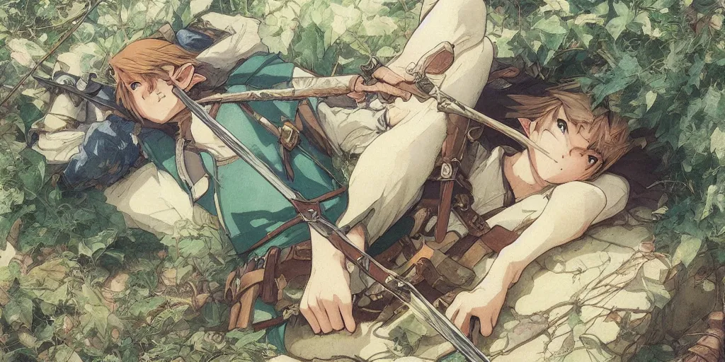Image similar to cinematic full anime portrait of link from zelda resting with his bow at his tent. intricate, elegant, highly detailed, digital art, artstation, concept art, smooth, sharp focus, illustration, by stanley artgerm, greg rutkowski, studio ghibli, alphonse mucha, norman rockwell 8 k