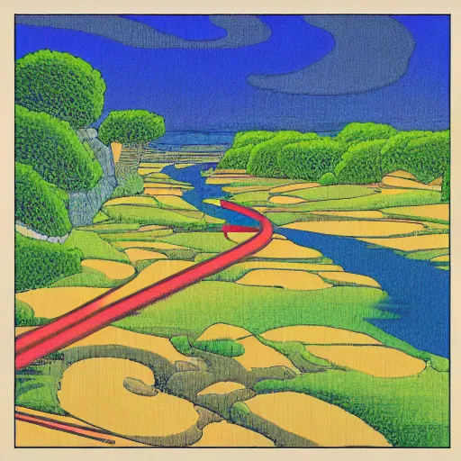 Image similar to a river scene. The river is represented by a line winding through the center of the land art. The banks of the river are represented by two lines, one on each side. Studio Ghibli by John Duncan saturated, improvisational