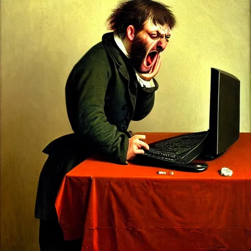 Image similar to an angry man yells at his computer monitor, oil on canvas, 1 8 8 3, highly detailed