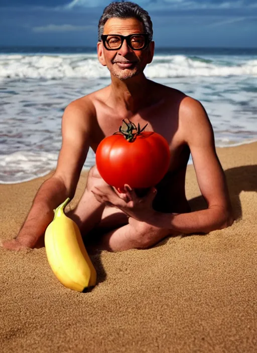 Image similar to jeff goldblum as a banana tomato on the sand of a beach