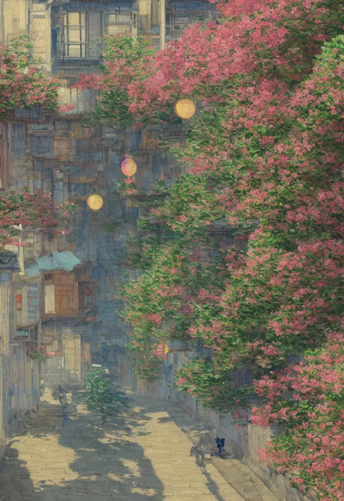 Image similar to a beautiful japanese city near the sea, amazing ryokans and gorgeous edo era houses, epic cyberpunk, lofi vibe, colorful, vivide colors, amazing light, really beautiful nature, oil painting in impressionist style, by jeremy lipkin, by claude monet, by makoto shinkai, multiple brush strokes, inspired by ghibli, masterpiece, beautiful