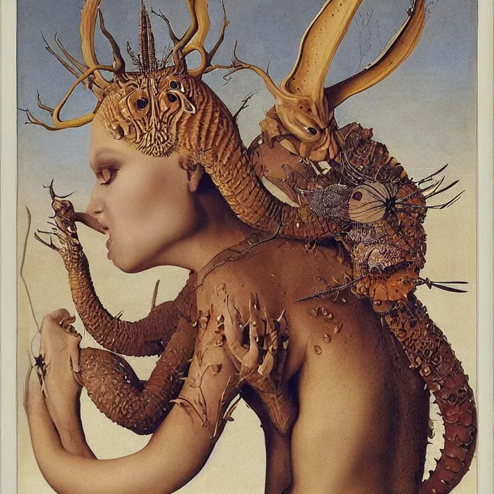 Prompt: delicate, flawless beautiful woman embracing a a mutant monster creature with four lapis - lazuli eyes, knife - like teeth, round conch fractal horns, insect antennae. jan van eyck, walton ford