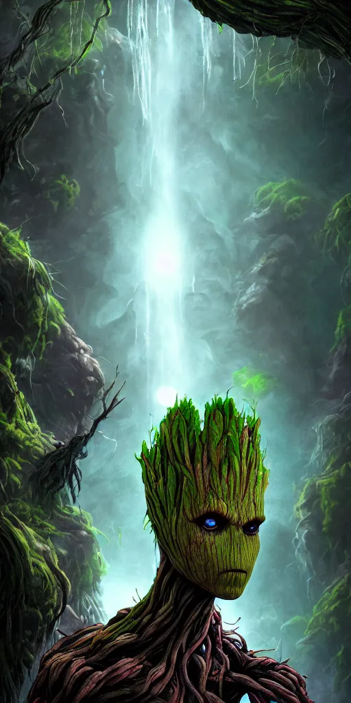 Prompt: full shot portrait of angry darkness Groot under waterfall at moonlight, inspired by Tim Burton, Norihiro Yagi, Marc Simonetti, Amano, Juri Misaki, Giger, darkness background, detailed, unreal engine 4k volumetric light, fog, dark green color palette