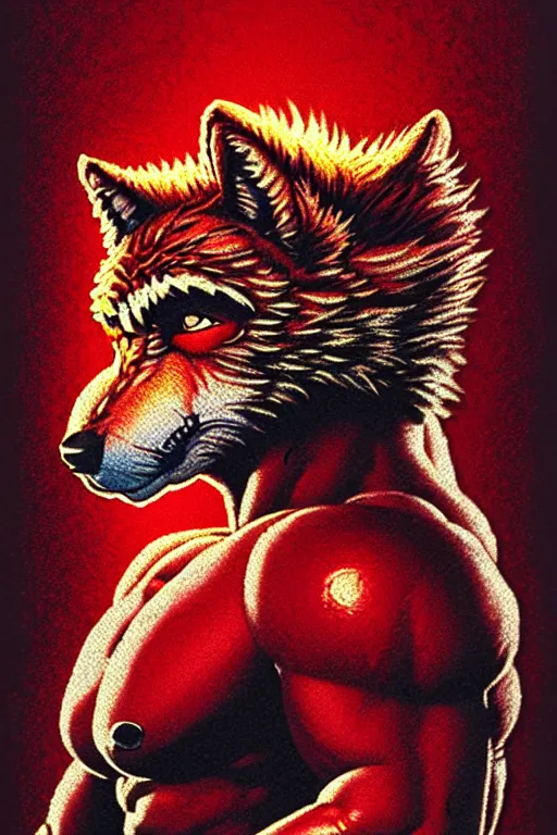 Image similar to extreme long shot. ultra jpeg compression. 8 bit nes graphics. 8 0's. vhs artefacts. antropomorphic muscular masculine wolf. kickboxer fighter, in shorts. wolf head. angry. fine details, very sharp, art from nes game cartridge, vaporwave style, marc simonetti and hermann nitsch and anish kapoor.