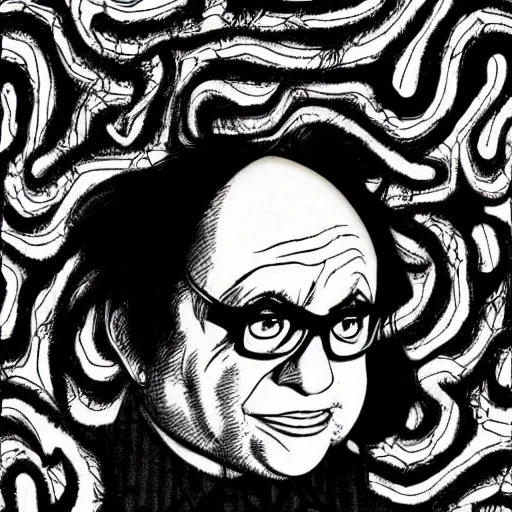 Prompt: manga illustration of danny devito by junji ito, uzumaki, horror