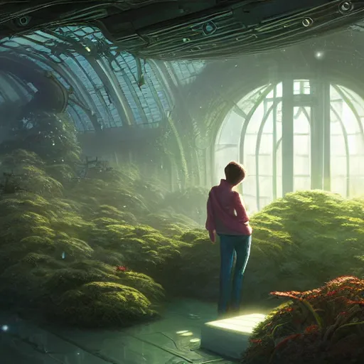 Image similar to , boy with grandma in scifi green house, spaceship, plants, stephen bliss, misty, unreal engine, pixar, fantasy art by greg rutkowski, loish, ferdinand knab, and lois van rossdraws, global illumination, radiant light, minimalist, detailed and intricate environment