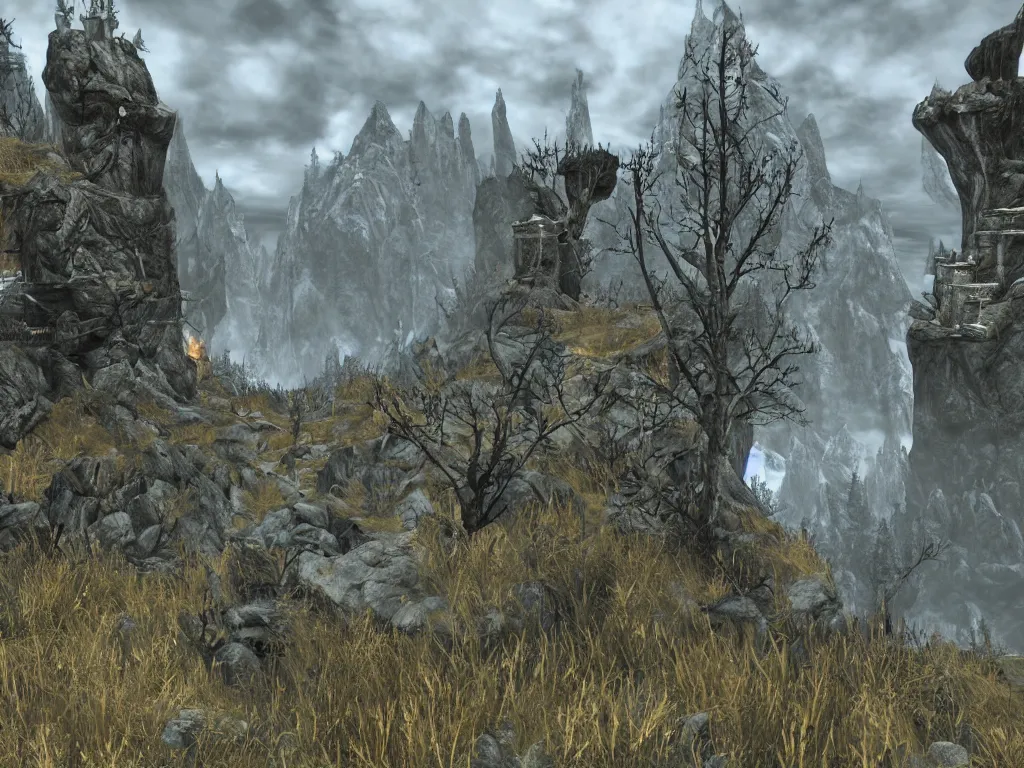 Prompt: beautiful landscape of skyrim, wizard tower