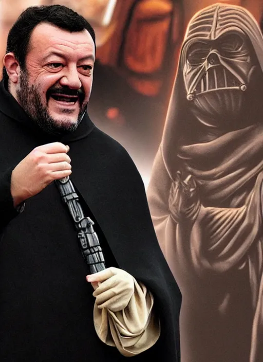 Prompt: matteo salvini as emperor palpatine of star wars, detailed photo, unreal engine, realistic, symmetrical face, detailed face